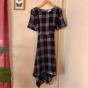 Assymetrical Hem Midi Dress with Cinched Waist and Back Zipper Size L